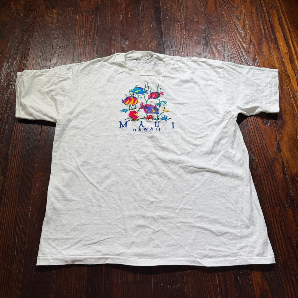 Vintage 90s Maui Shirt Men XL White Hawaii Tropical Fish Single Stitch USA